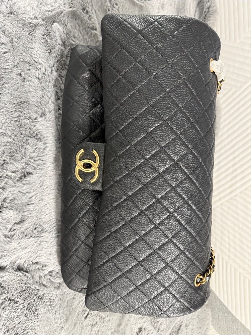 Carryon Size Black Quilted Caviar Double Flap Shoulder Bag with Gold Hardware
